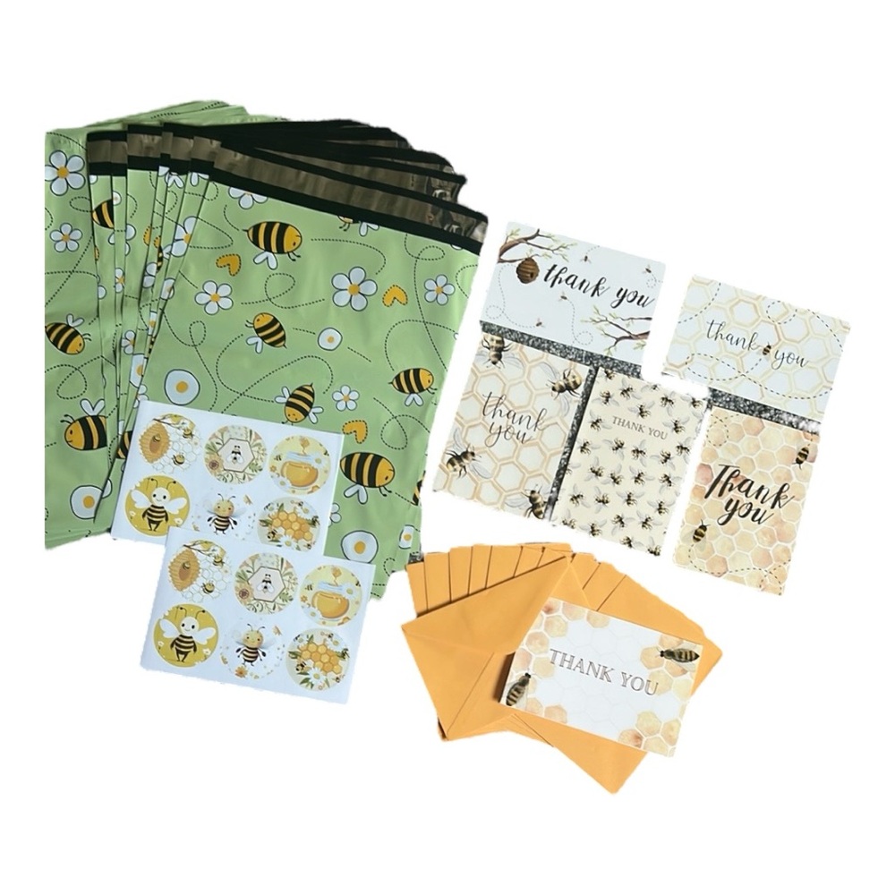 Bee themed Poly Mailers 10”x 13” Thank You Cards & Envelopes & 2” Bee Stickers
